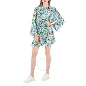 Ganni Ladies Azure Blue Floral Printed Puff-Sleeved Shirt Dress- From Berlin!